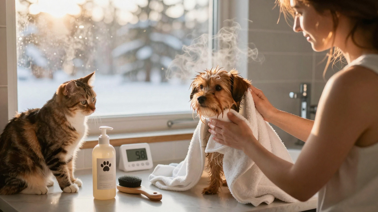 Woman drying a small steaming dog with a towel while a cat watches on a kitchen countertop near a window.