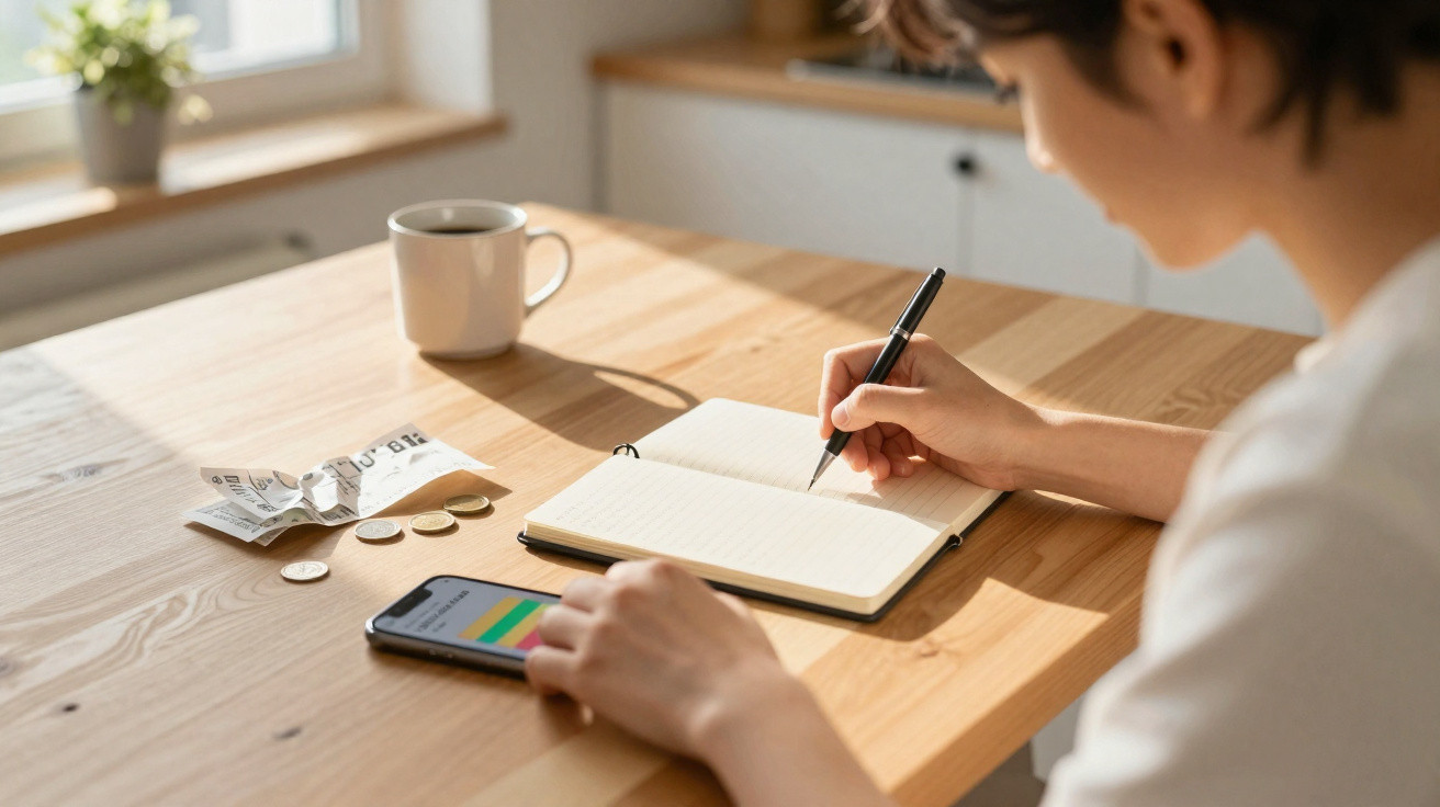 Person writing in a notebook with a smartphone, coins, and a coffee mug on a wooden table by a window.