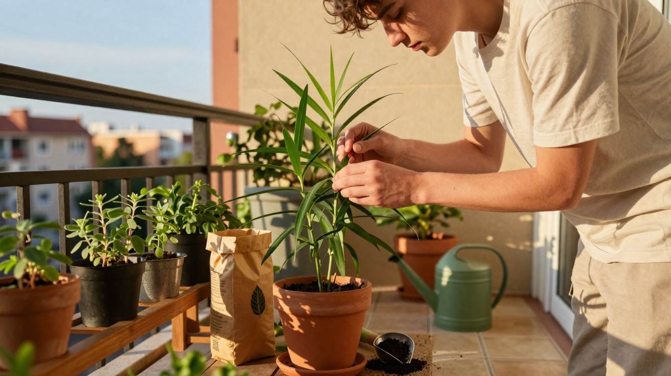 Young man tending to a potted plant on a sunny balcony with gardening tools around.