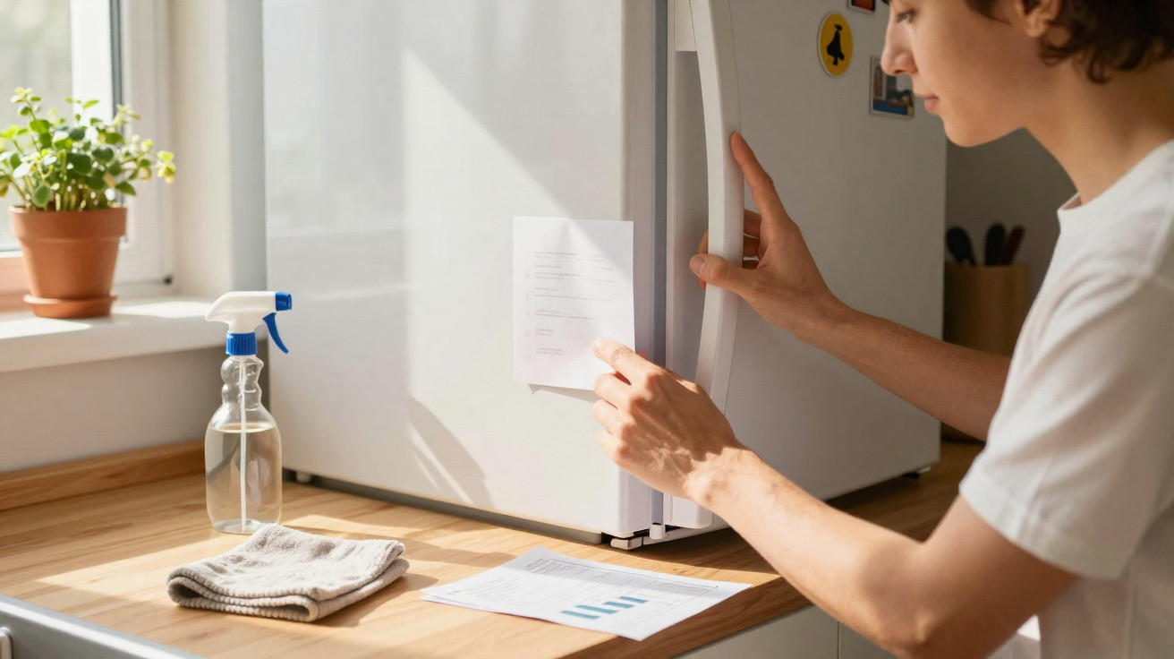 Person attaching a note to a white fridge in a sunlit kitchen next to a spray bottle and cloth.