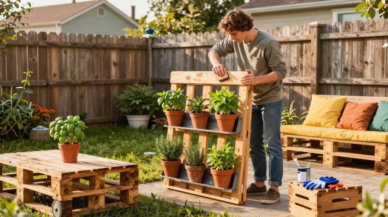 Young man sanding wooden plant stand with potted herbs in sunny backyard garden.