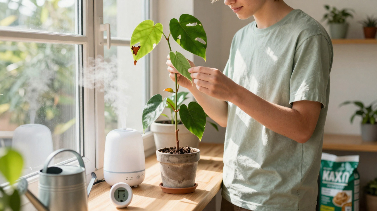 Person inspecting a potted plant leaf on a sunny windowsill with a humidifier and watering can nearby.