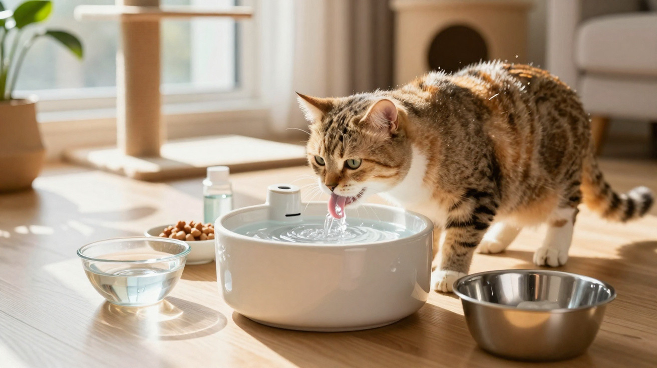 Tabby cat drinking water from a white pet fountain on wooden floor with bowls and cat food nearby.
