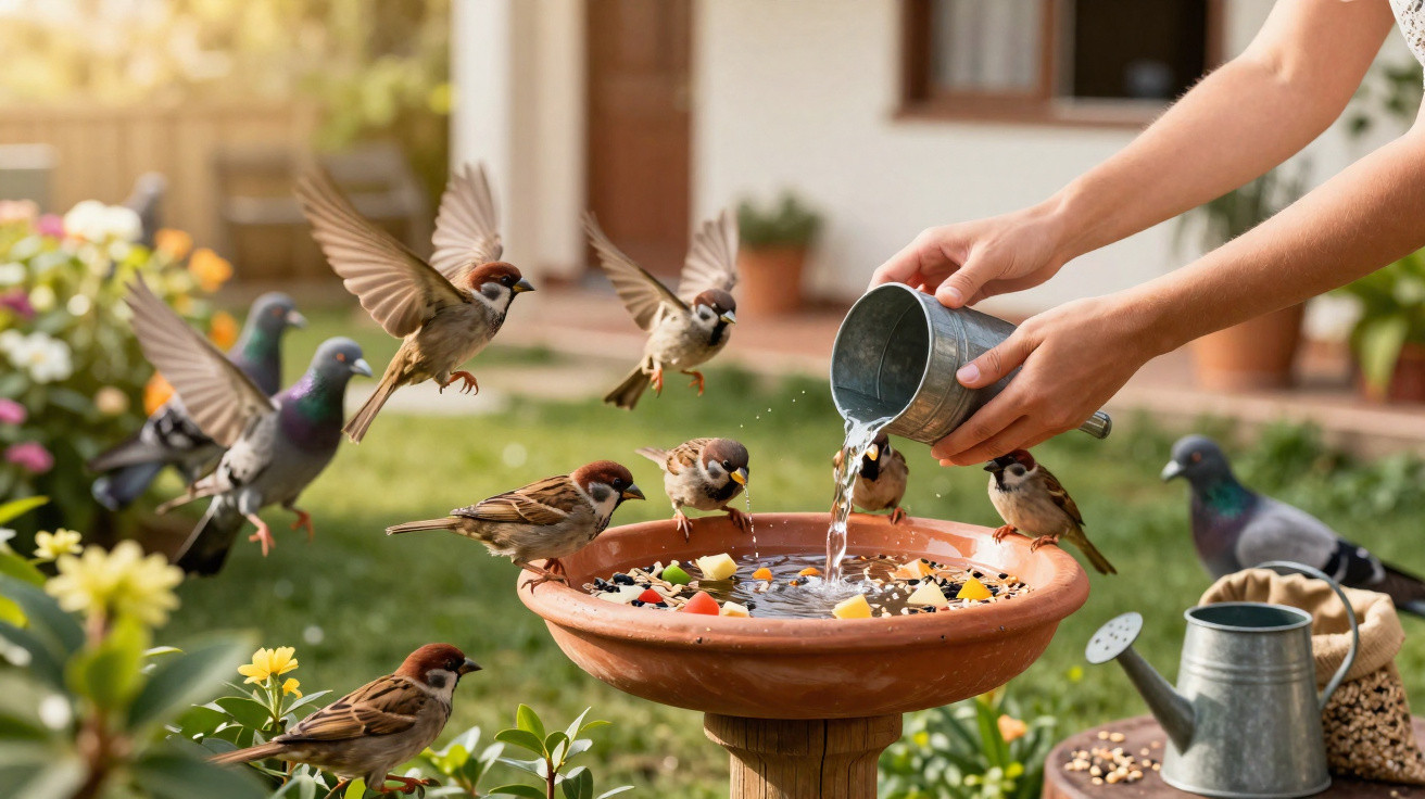 Person pouring water into a birdbath with sparrows and pigeons around in a garden setting.