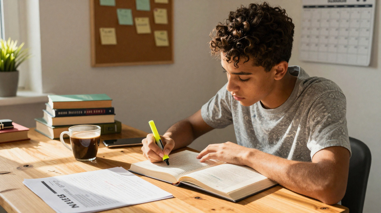 Teenage boy studying at wooden desk with books, notes, and a cup of coffee in a sunlit room.