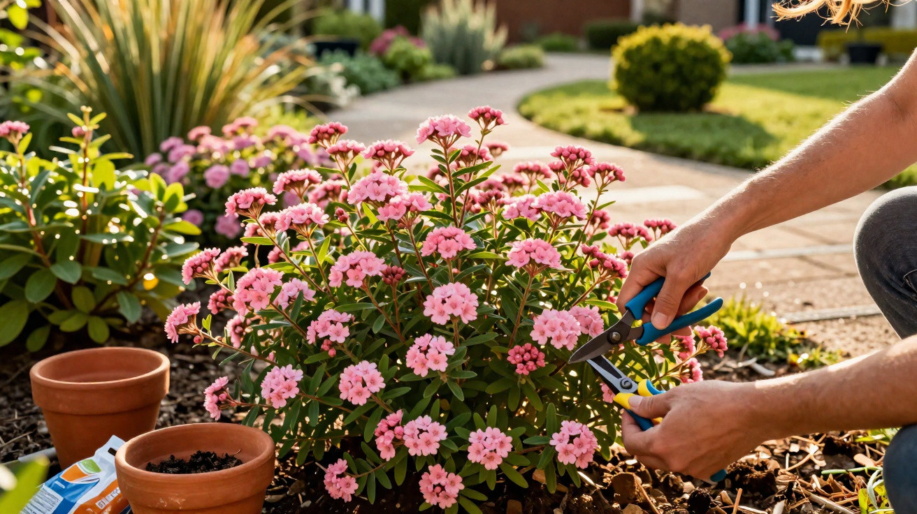 Person pruning a pink flowering plant in a garden with terracotta pots and greenery in the background