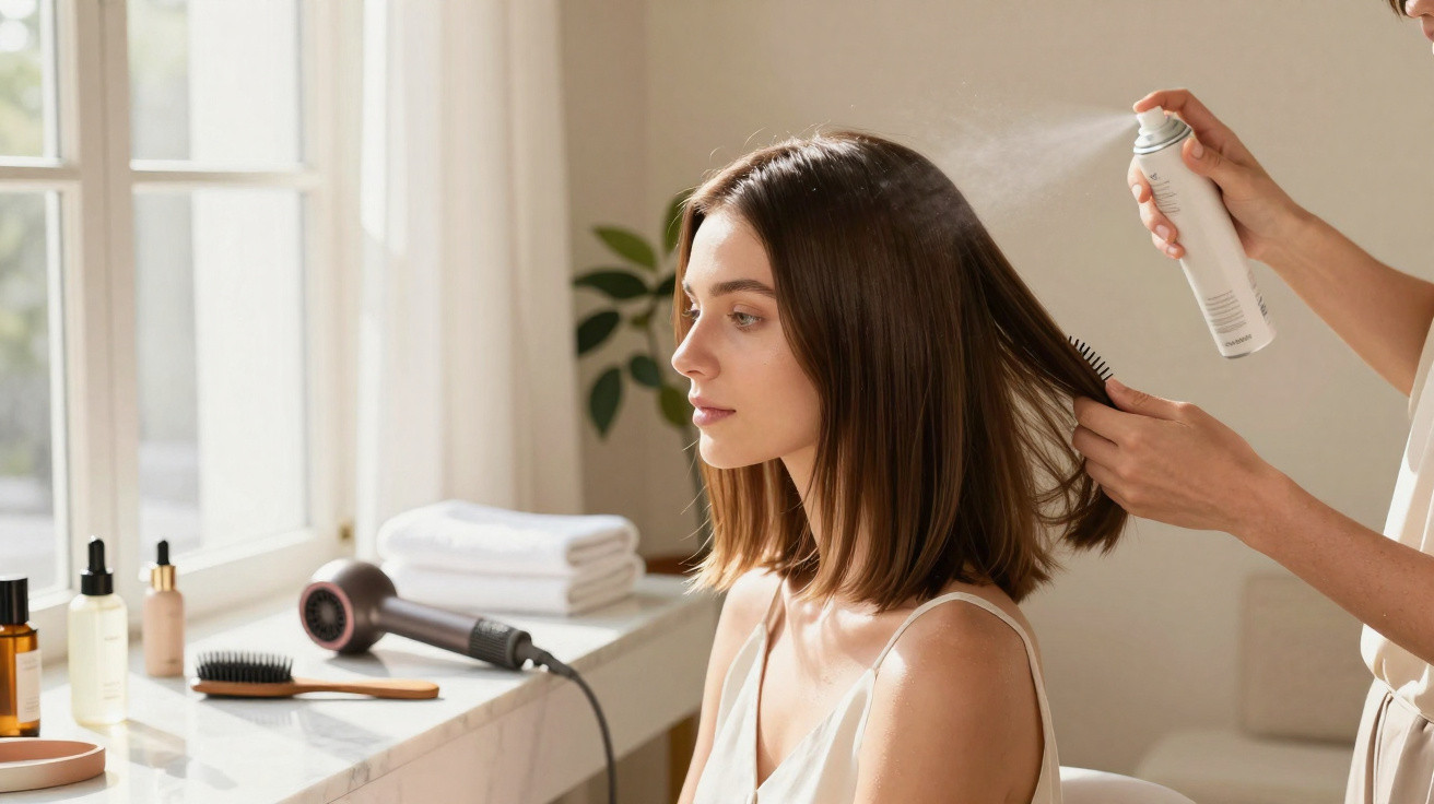 Woman having hairspray applied to her straight brown hair in a bright room with hair styling tools on a marble surface.