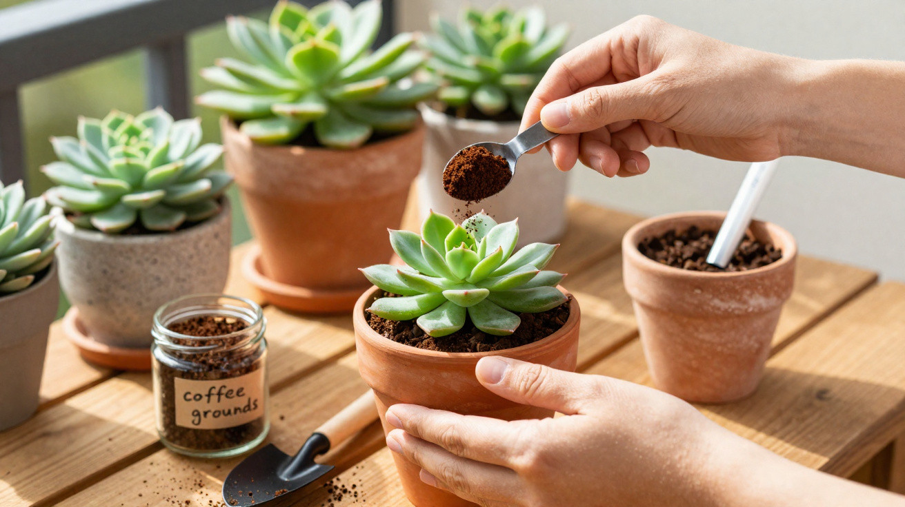 Hands adding coffee grounds to a potted succulent on a wooden table with gardening tools nearby.