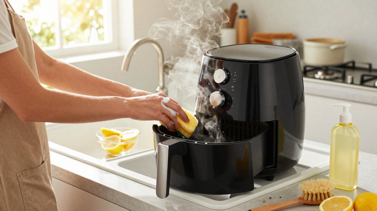 Person cleaning steaming air fryer basket with yellow sponge in a bright kitchen near a window.