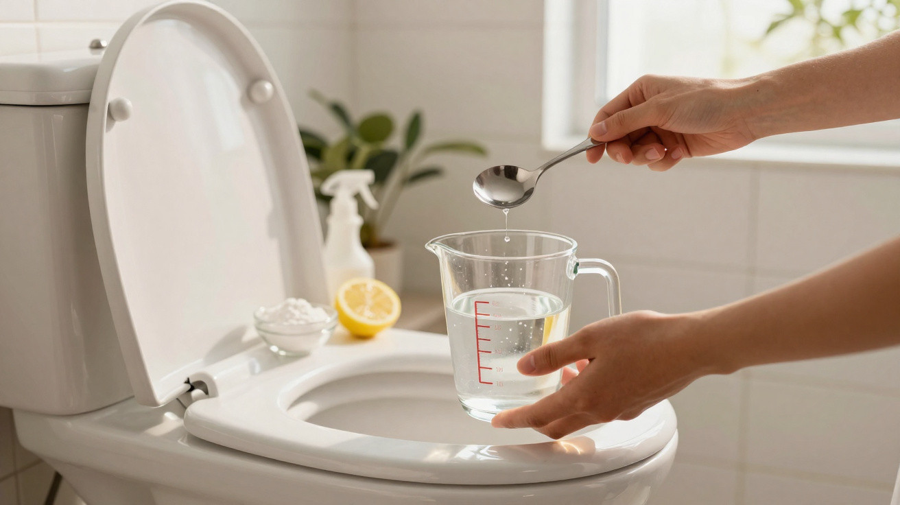 Person holding a measuring jug and spoon over an open toilet, with lemon and cleaning supplies nearby.