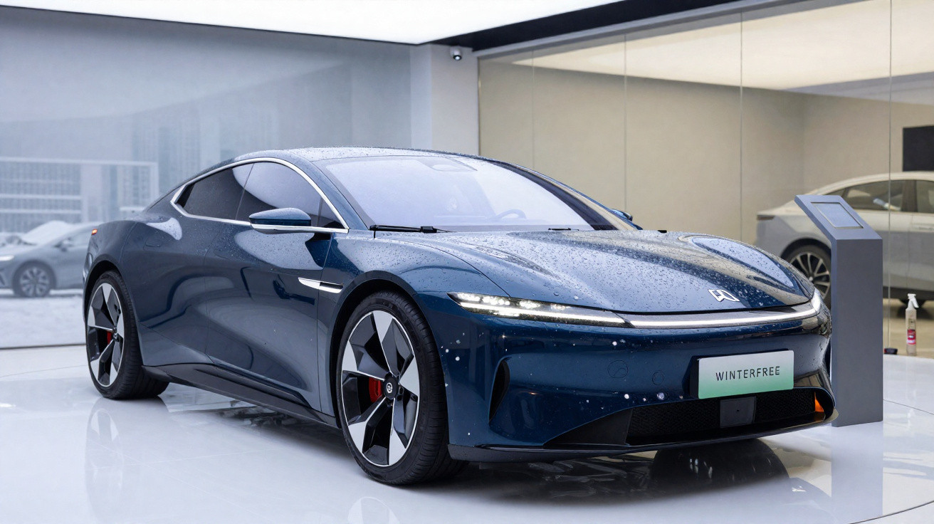 Sleek dark blue electric sports car with rain droplets on display in a modern showroom.
