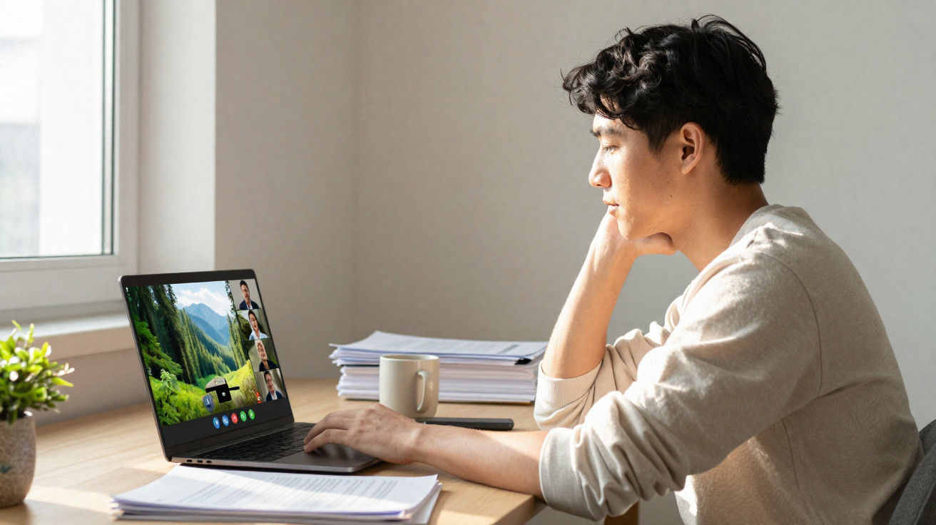 Young man sitting at desk using laptop for video call with colleagues, papers and coffee cup nearby.