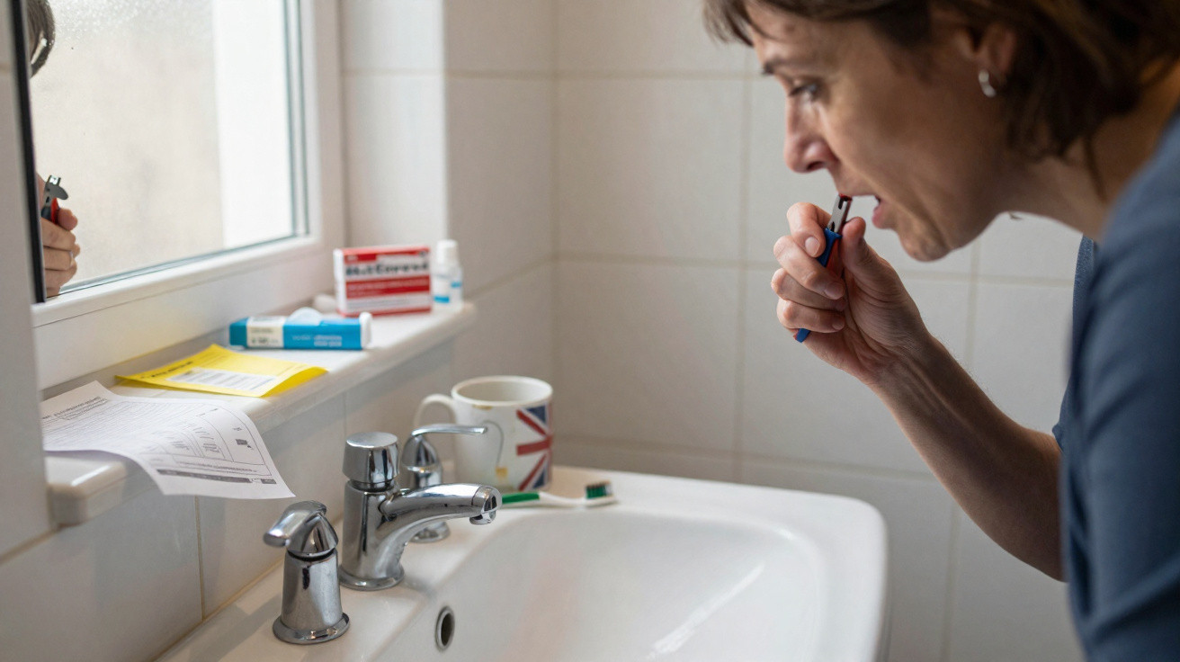 Person examining interdental brush in a bright bathroom beside sink and window with medication boxes and mug nearby.