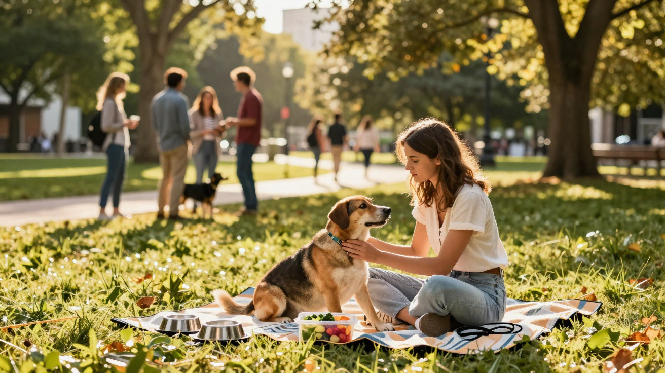 Young woman sitting on a picnic blanket in a park, petting a dog with people walking and talking in the background.