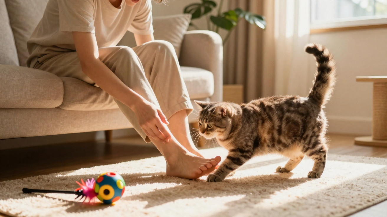 Person sitting on a sofa playing with a tabby cat on a sunlit carpet with toys scattered nearby.