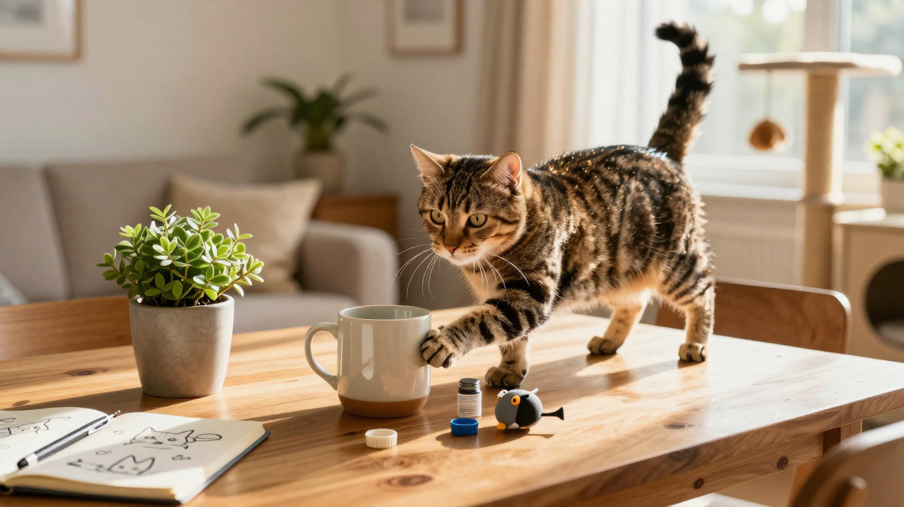 Tabby cat reaching for a mug on a wooden table with a plant, notebook, and cat toys in a sunlit room.