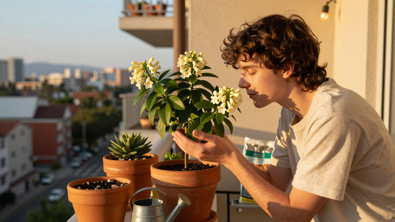 Young man smelling white flowers on potted plant on balcony at golden hour, with cityscape in background.