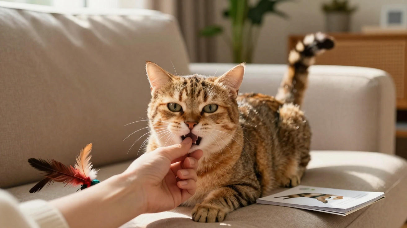 Person feeding a tabby cat on a beige sofa next to a feather toy and an illustrated booklet.