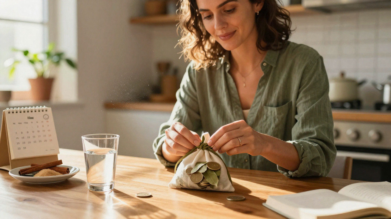 Woman sitting at kitchen table counting coins from a cloth pouch with calendar and glass of water nearby.