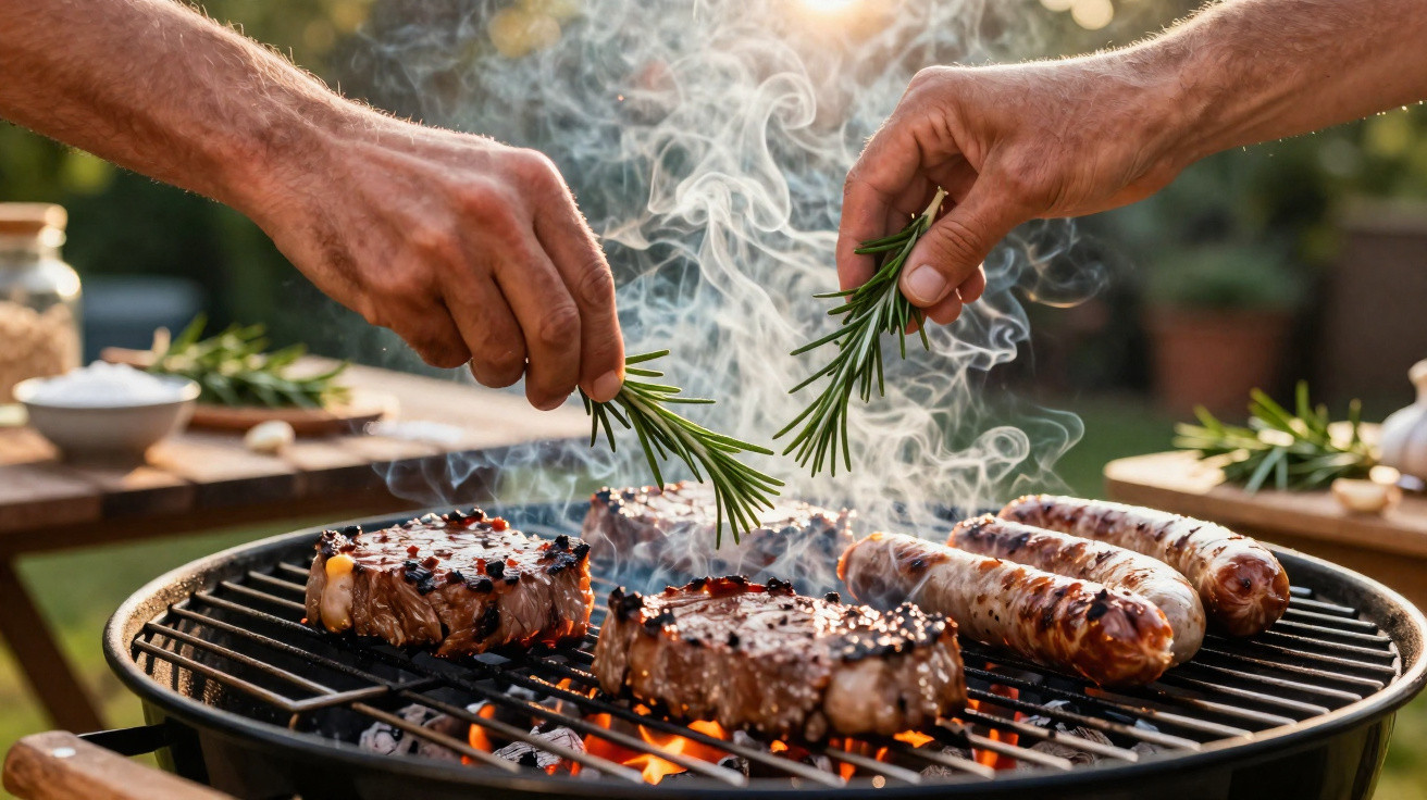 Two hands placing rosemary sprigs onto steaks and sausages cooking on a charcoal barbecue grill outdoors.
