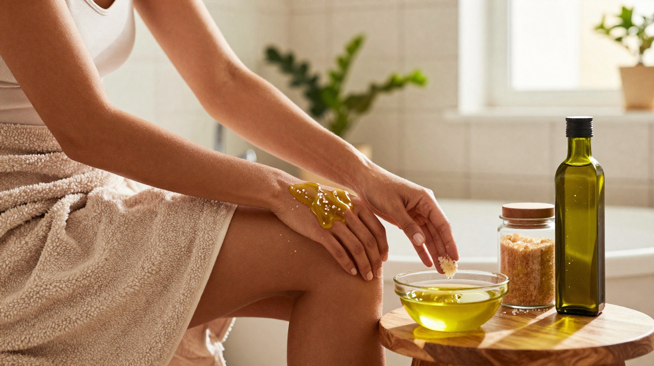 Person applying honey or skincare product on arm, with oil, salt, and bowl on wooden table in bathroom.