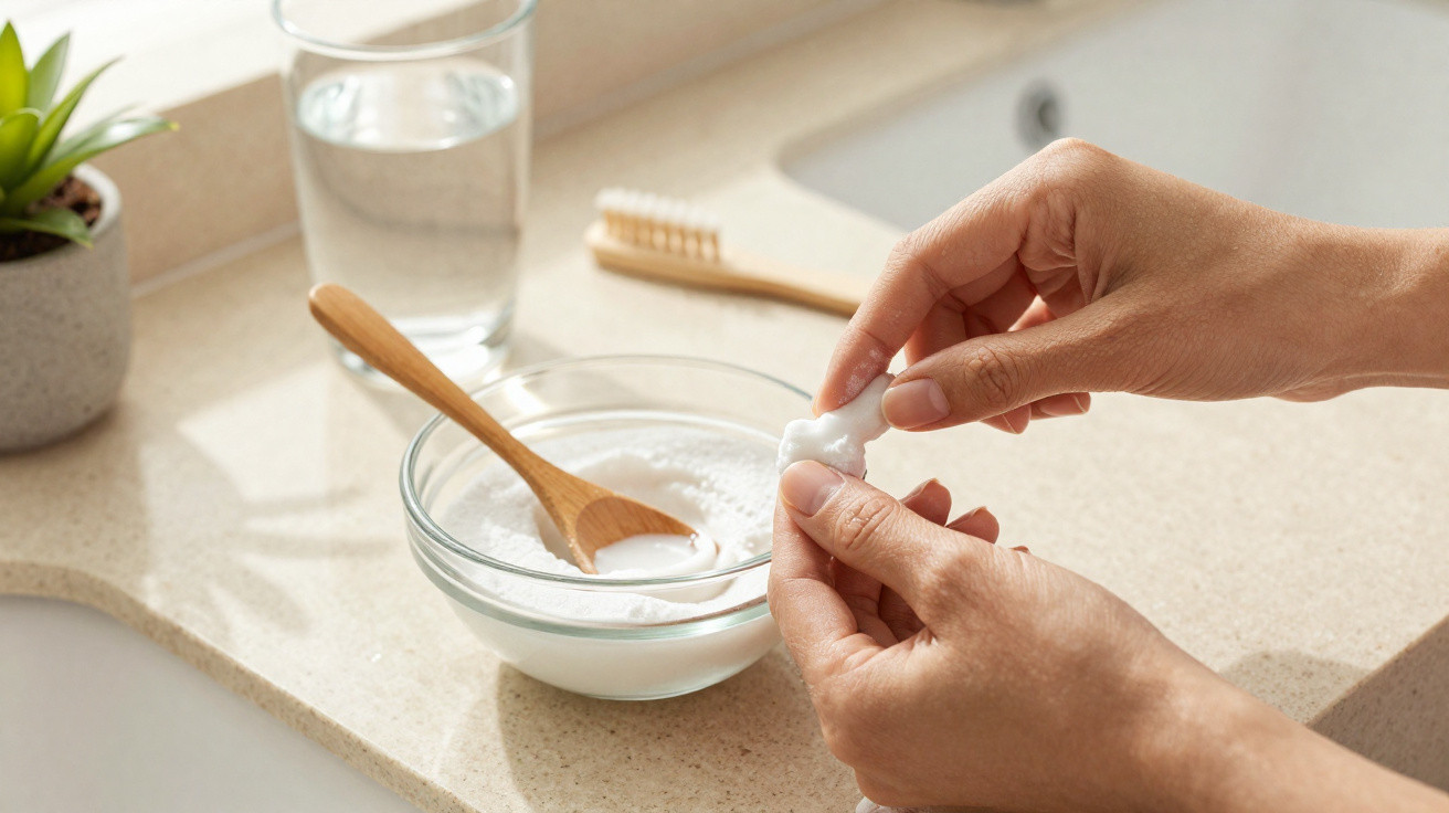 Person holding cotton ball dipped in mixture next to a glass bowl with wooden spoon on bathroom counter