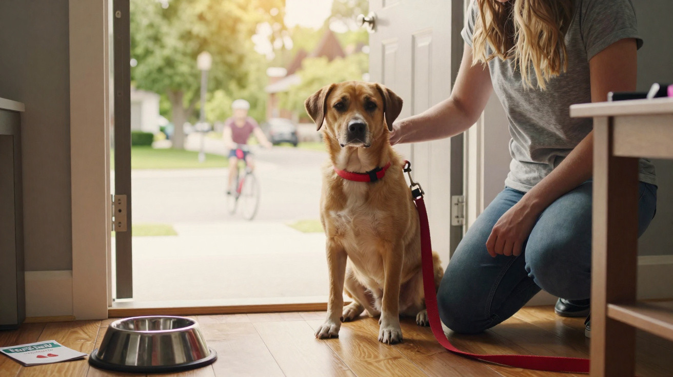 A woman crouches beside a Labrador wearing a red collar and leash near an open door with a dog bowl on the floor.
