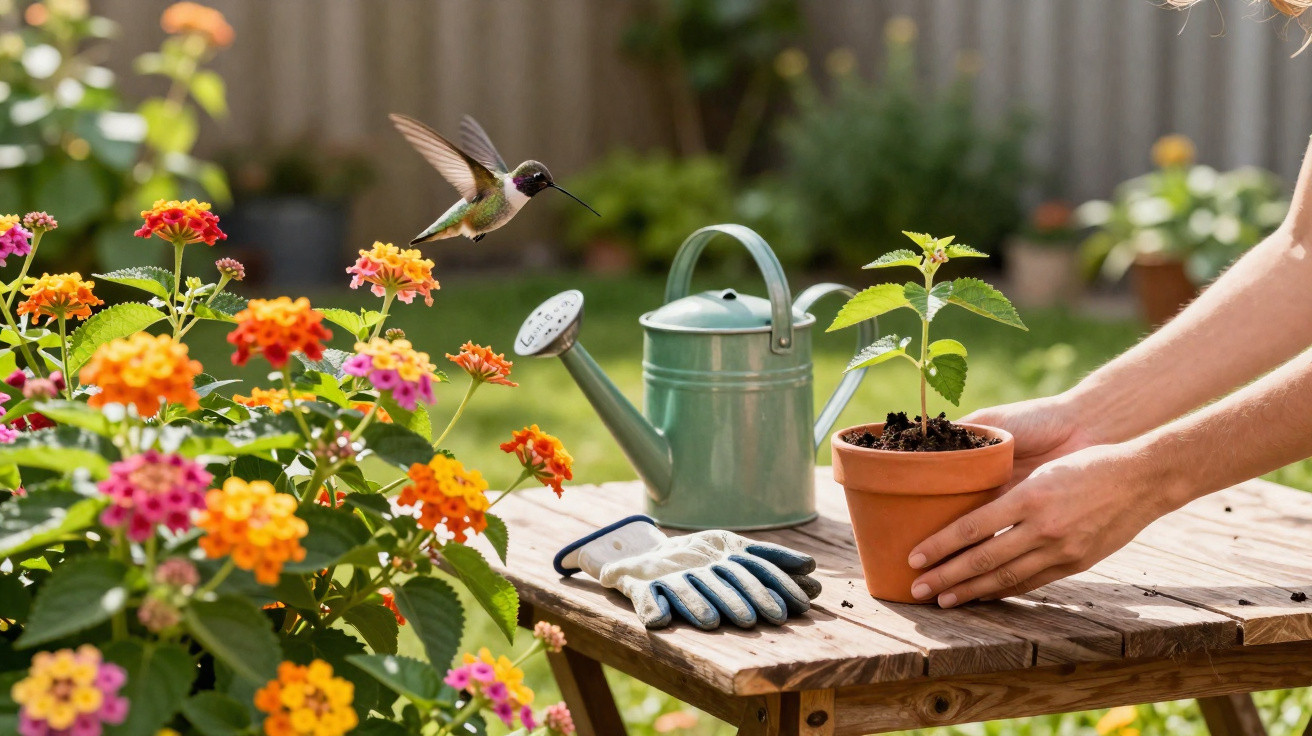 Person holding a young potted plant on a wooden table with gardening gloves, watering can, and a hummingbird nearby.