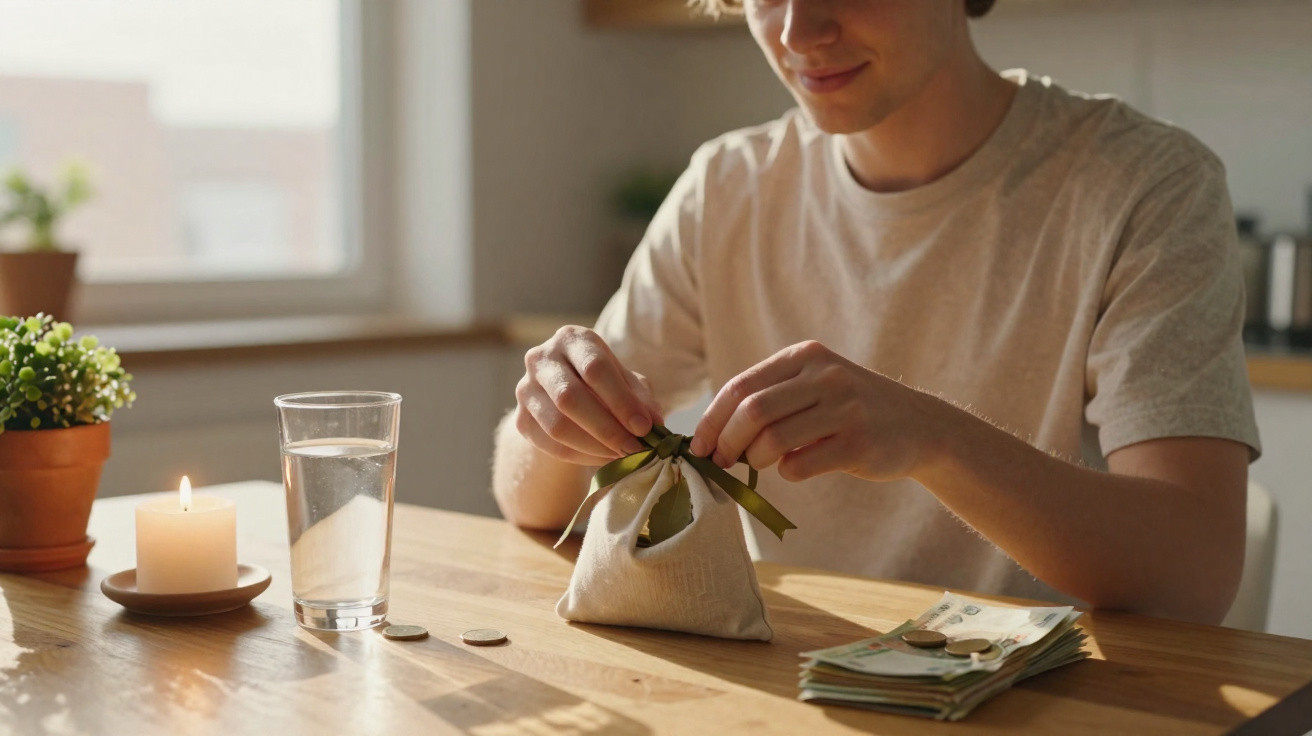 Person tying a small cloth bag with a green ribbon on a wooden table with money, coins, candle, and plant nearby.