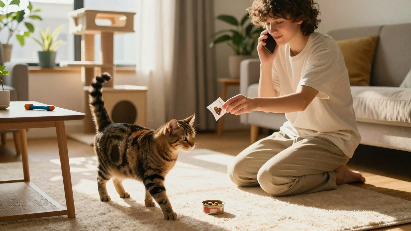 Person kneeling on carpeted floor feeding a tabby cat treats while talking on the phone in a sunlit room.