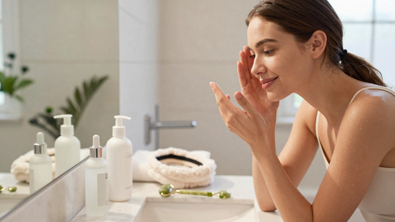 Young woman applying skincare cream on her face in a bright bathroom in front of a mirror.