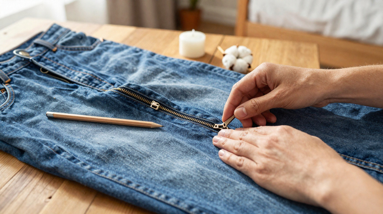 Close-up of hands repairing a zipper on blue denim jeans on a wooden table with a pencil nearby.