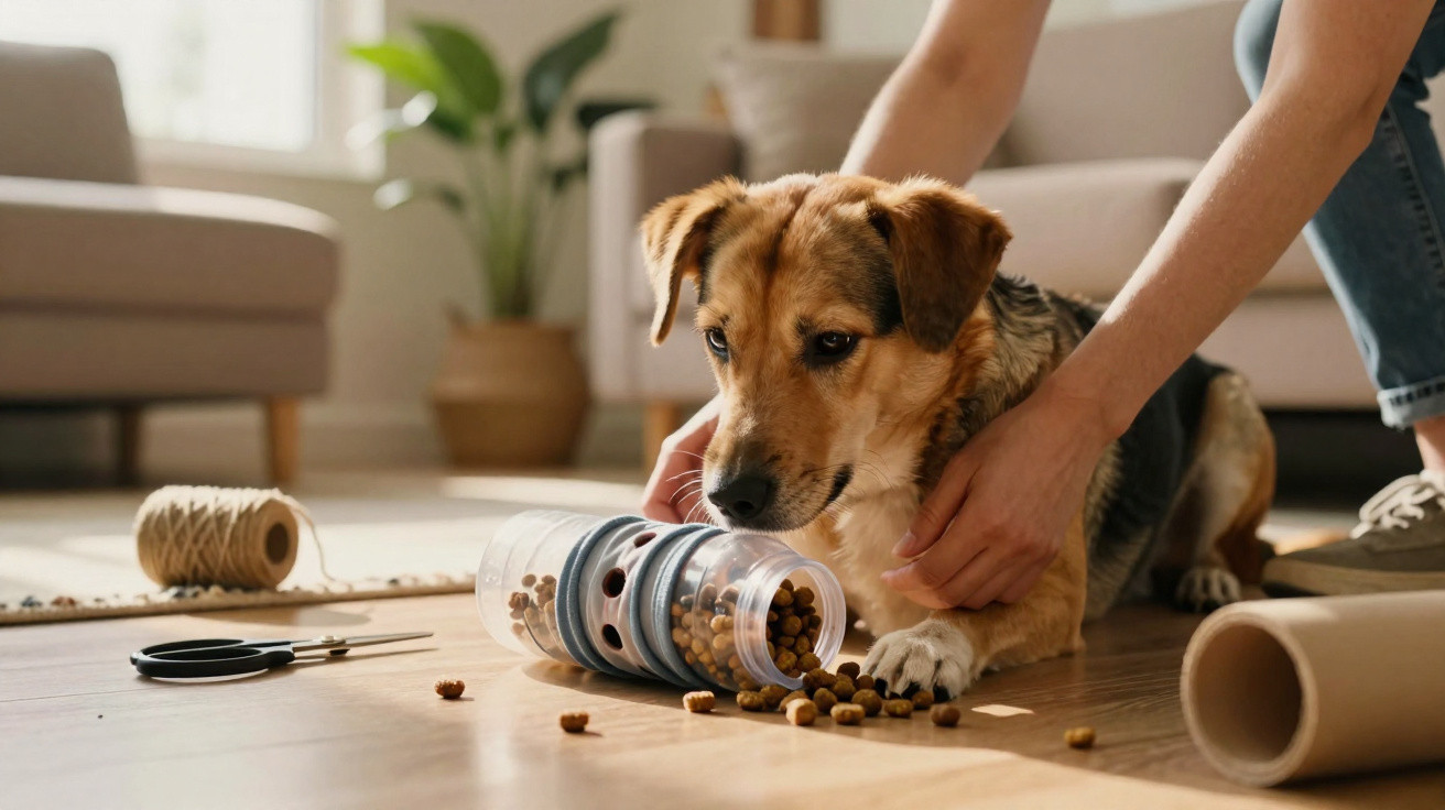 Brown dog sniffing scattered dry food on a wooden floor with a person's hands gently holding it.