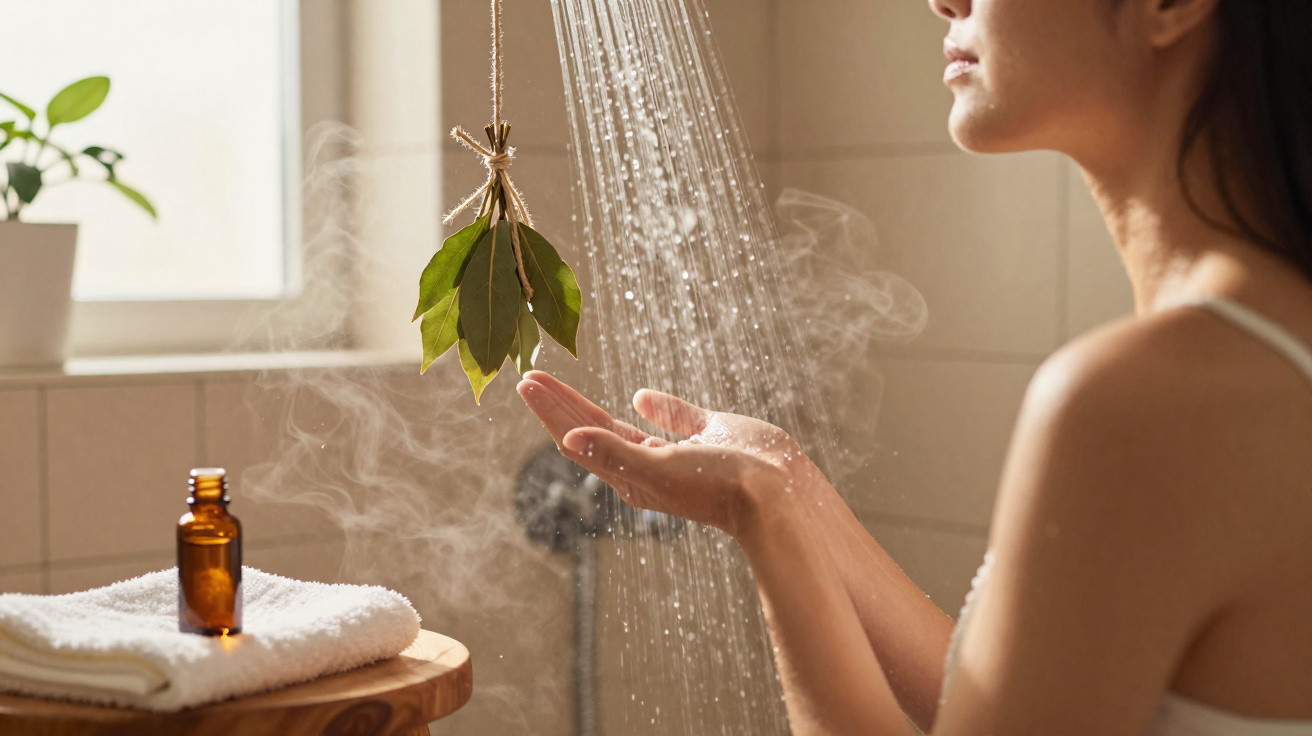 Woman enjoying a warm shower with steam, an essential oil bottle, and fresh leaves hanging nearby in a bathroom.