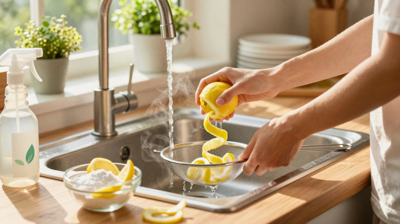 Hands peeling a lemon over a kitchen sink with running water, lemon peels in a strainer, and cleaning supplies nearby.