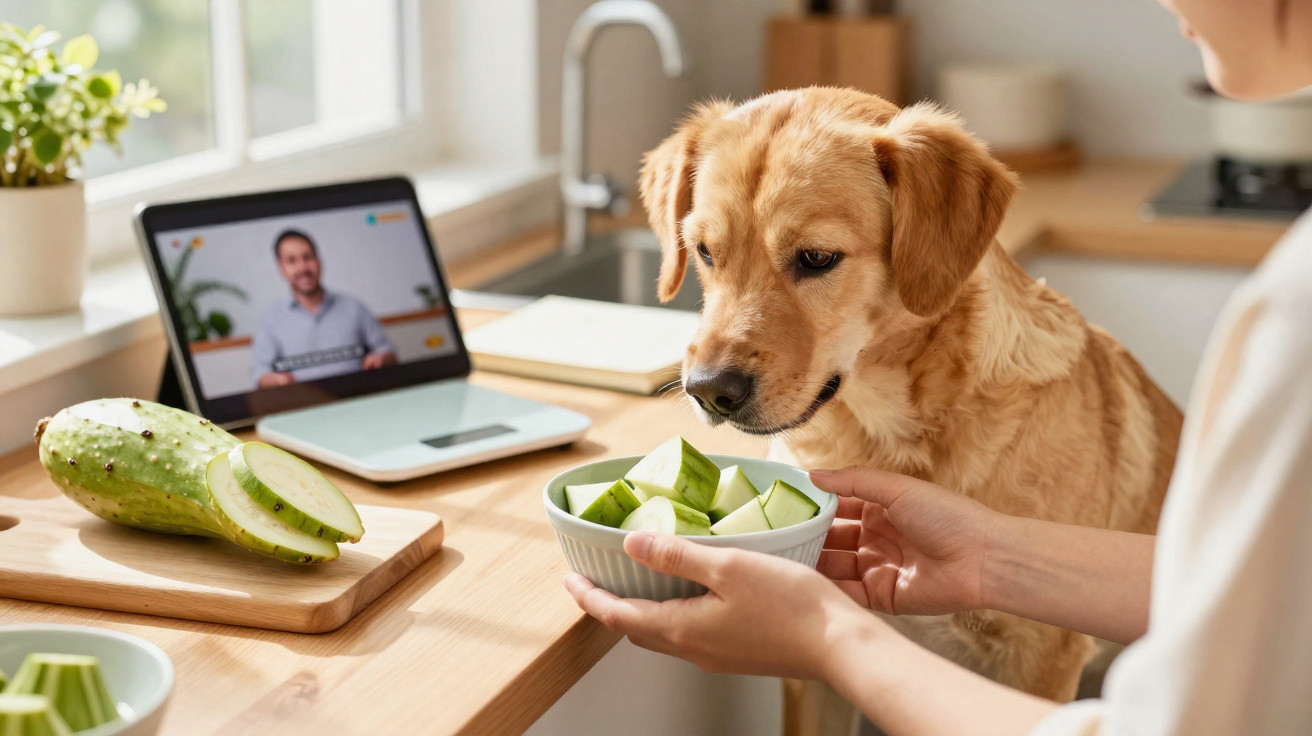 Golden retriever dog sniffing a bowl of sliced green vegetables held by a person in a kitchen.
