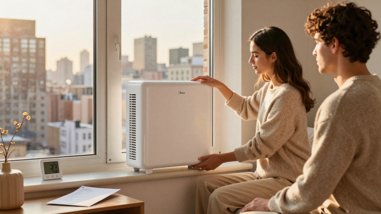 Couple adjusting a white air purifier on a windowsill in a sunlit room with city buildings in the background.