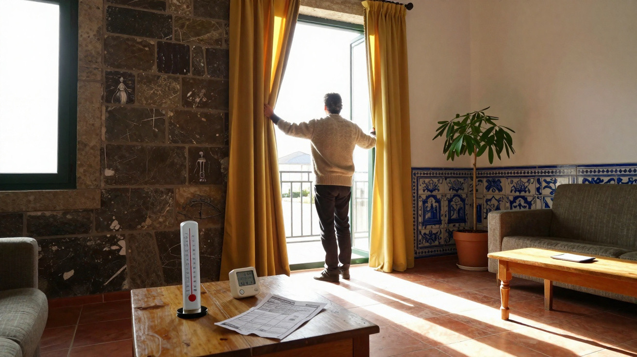 Man opening yellow curtains to balcony in a sunlit living room with patterned tiles and indoor plant.