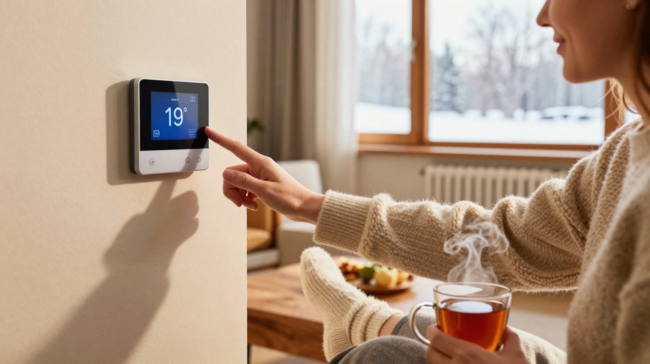 Person adjusting digital thermostat to 19°C while holding a steaming cup of tea in a cosy living room.