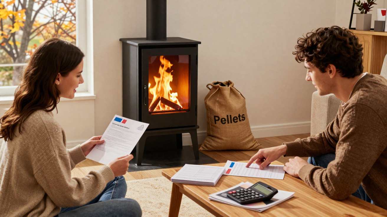 Couple sitting by a wood-burning stove with a bag of pellets, reviewing documents and calculating bills.