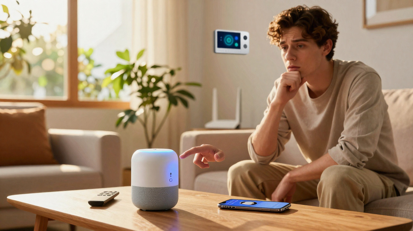 Young man using voice assistant smart speaker on wooden table in cosy living room with natural light.