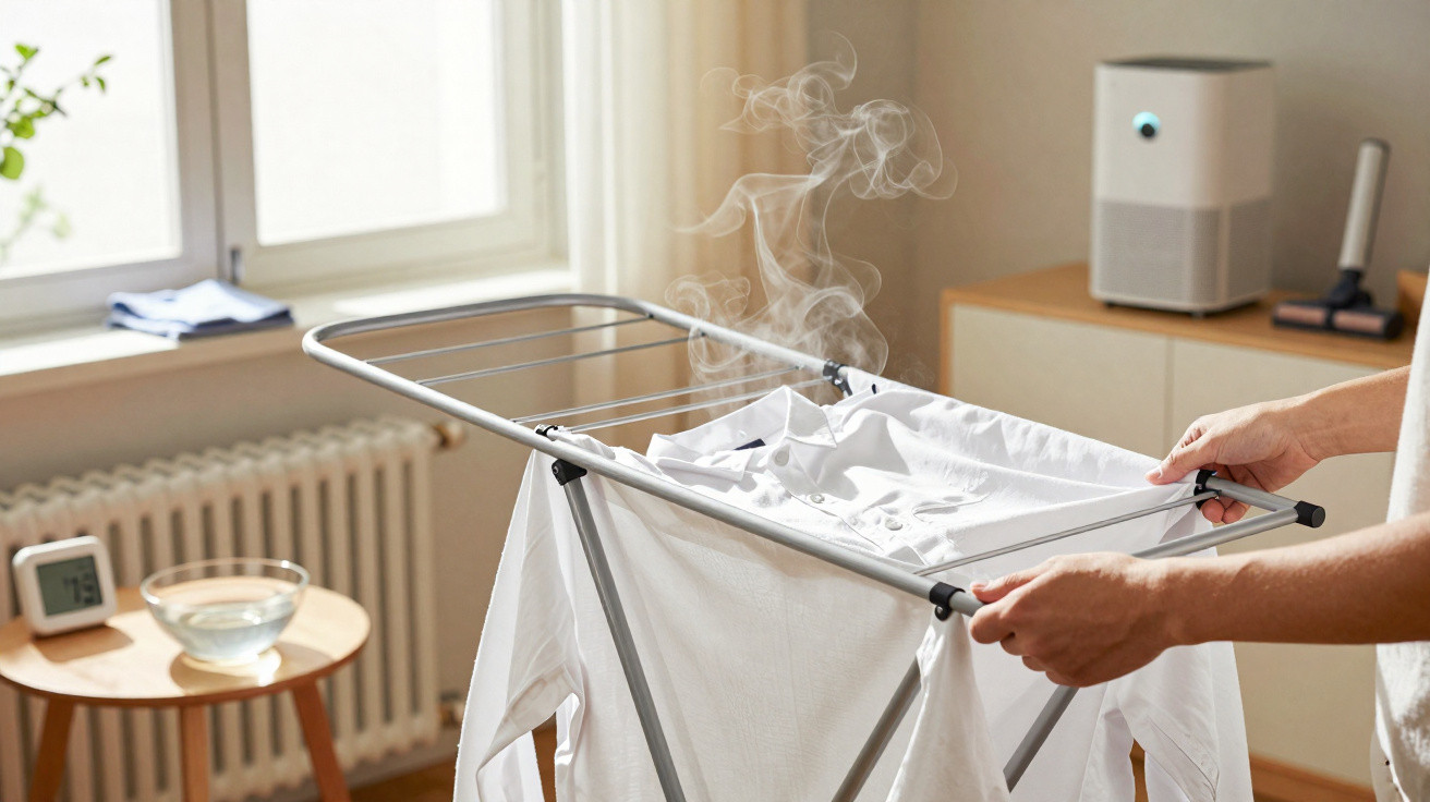 Hands holding a steaming white shirt on a drying rack in a bright, cosy room near a window.