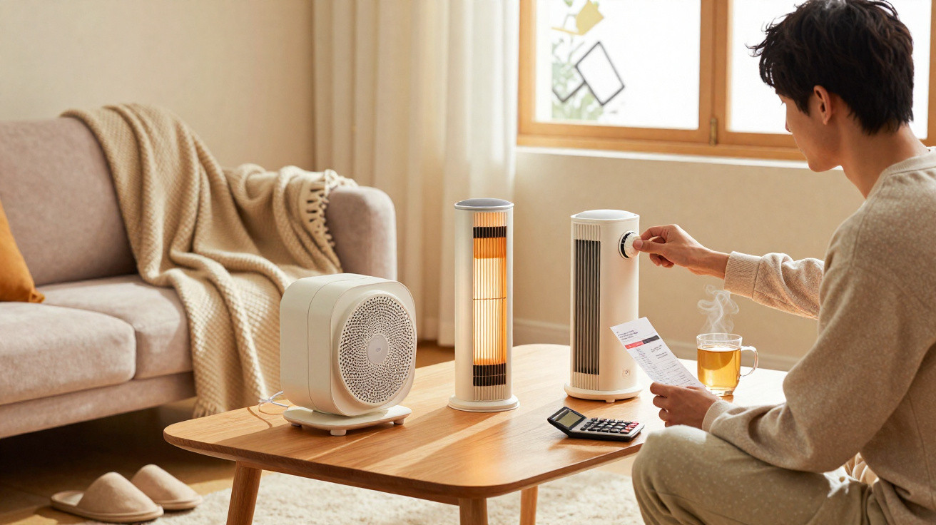 Person adjusting a portable heater on a wooden table with two other heaters, a calculator, and a cup of tea nearby.