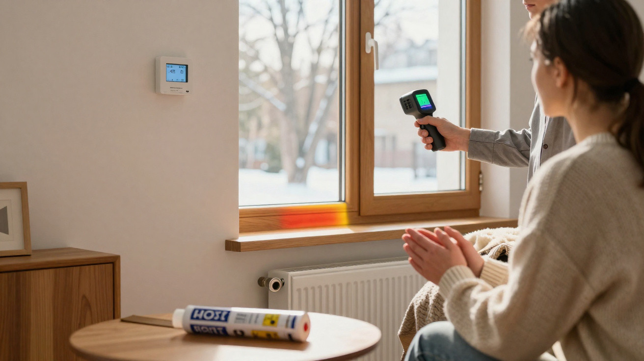 Person measuring window frame temperature with infrared thermometer near seated woman in winter room.