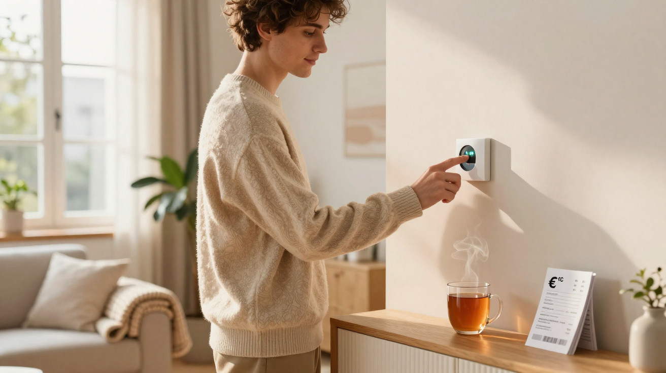 Person adjusting a smart thermostat on a wall in a bright, cosy living room with a steaming cup of tea nearby.