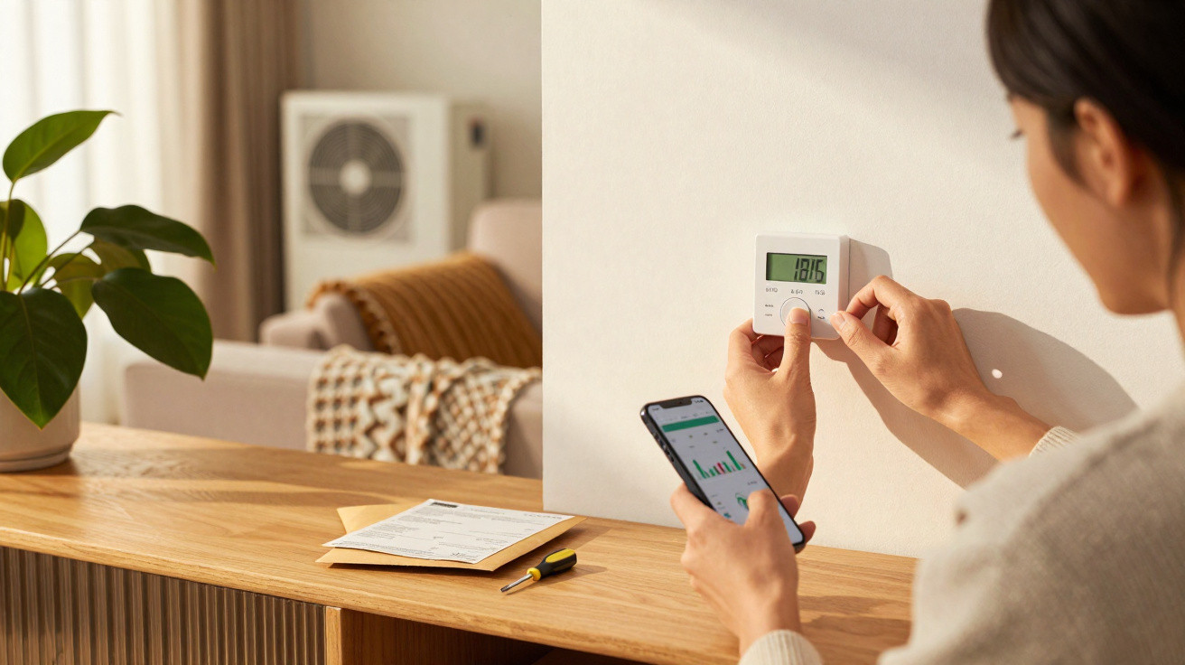 Person adjusting a digital thermostat on a wall while holding a smartphone displaying energy usage data.