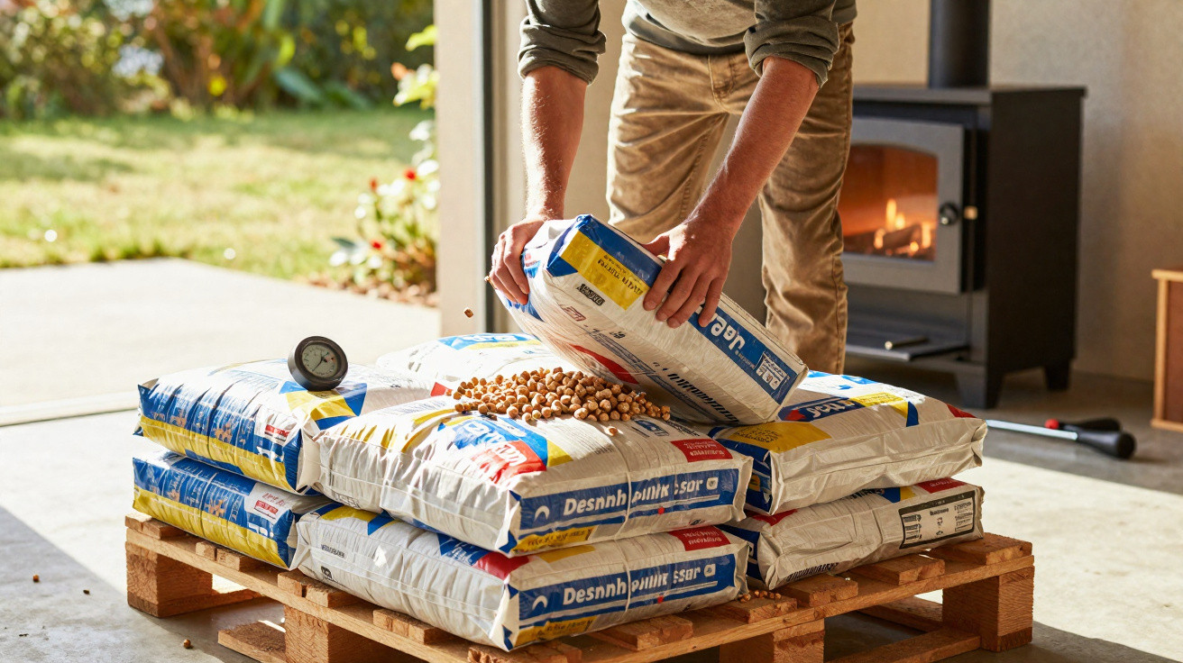 Person pouring wood pellet fuel from a bag onto a stack of bags on a wooden pallet by a lit stove.