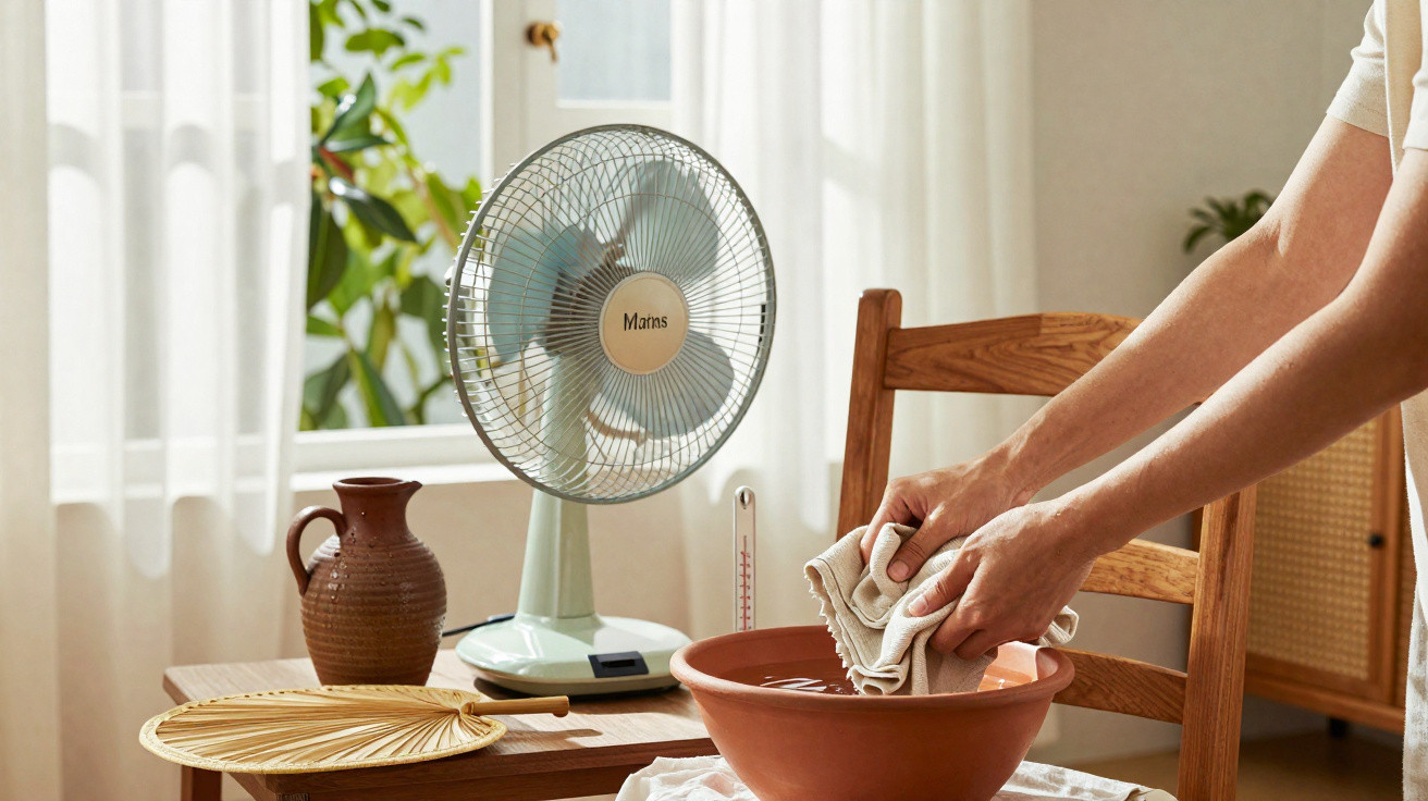 Person wringing cloth into a terracotta basin next to an electric fan on a wooden table by a window.