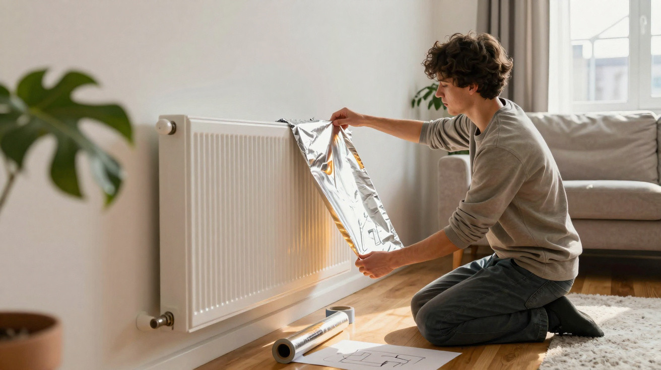 Person kneeling by a radiator fitting reflective foil insulation in a bright living room