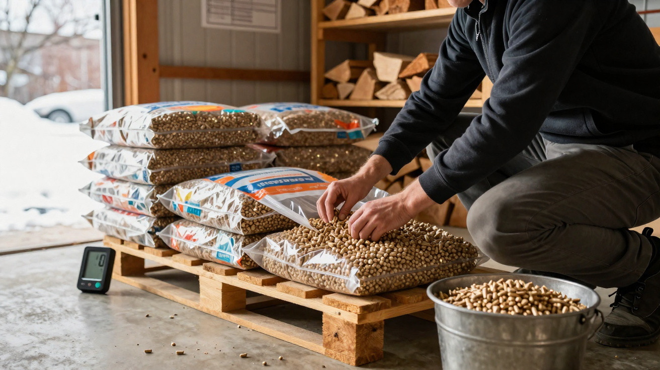 Person kneeling by bags of wood pellets on a pallet, scooping pellets into a metal bucket indoors.